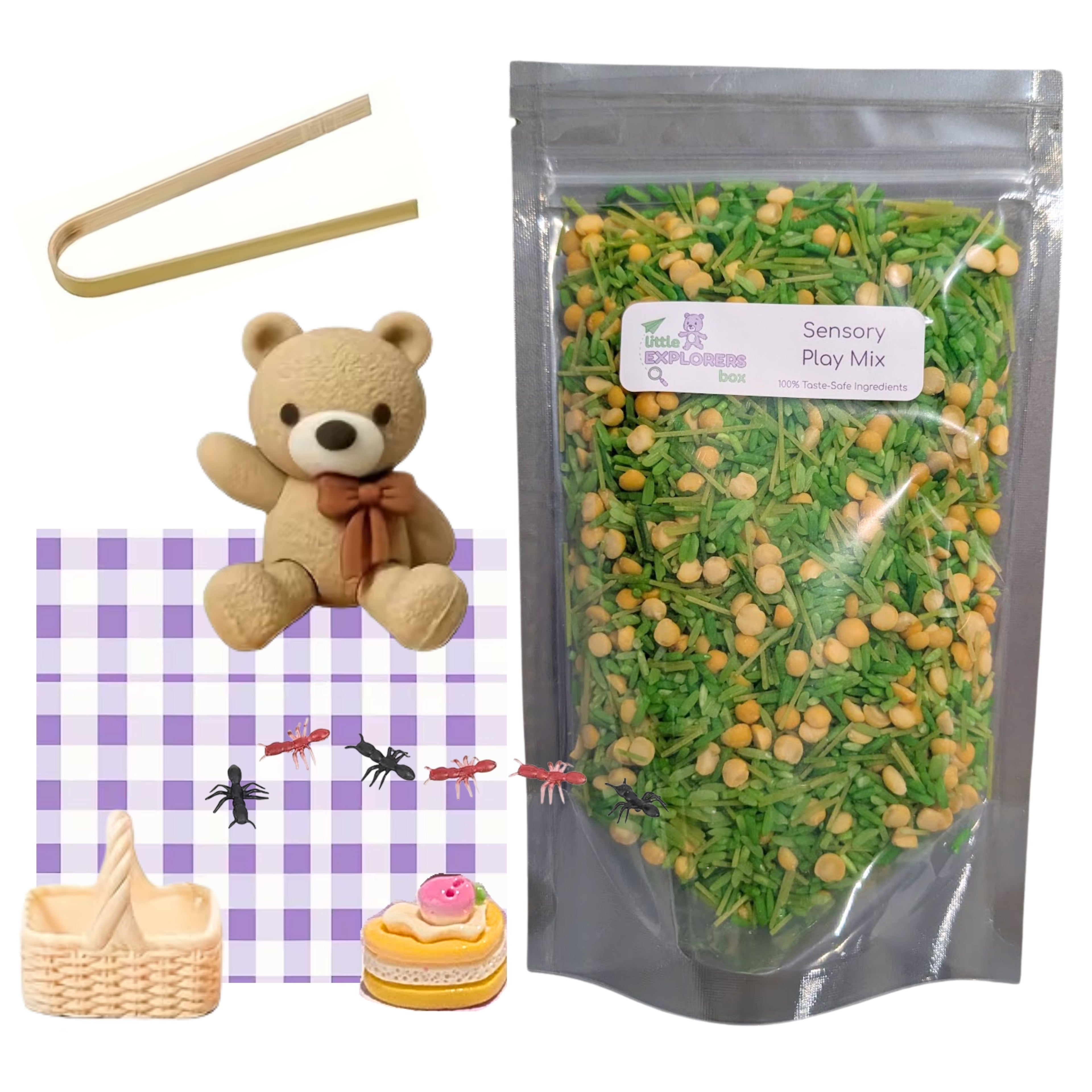 Sensory play items including a teddy bear, tongs, and a bag of play mix on a white background.