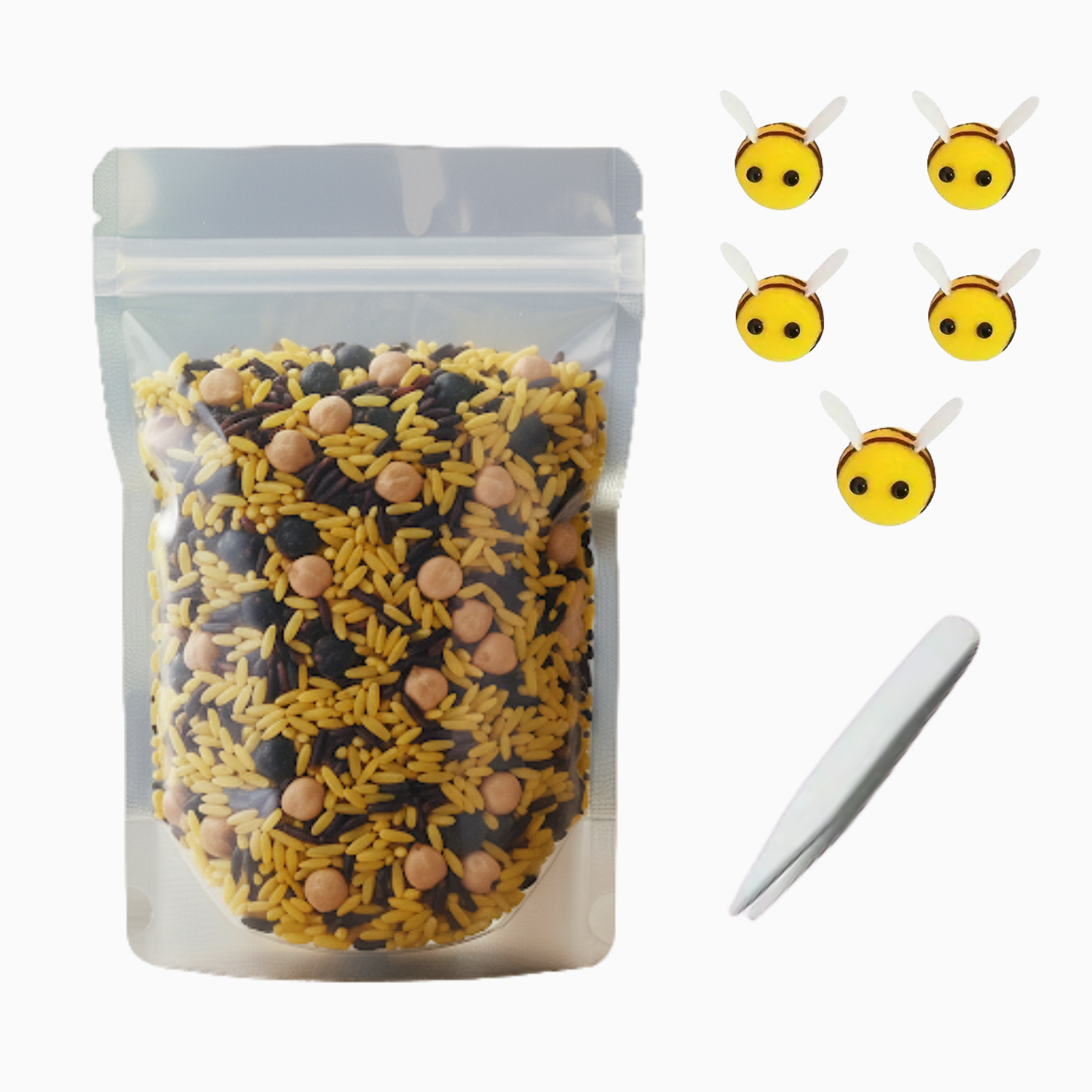 Sensory dry play activity, bee themed, yellow and black sensory treasures to help promote learning, imagination and find motor skill development. 