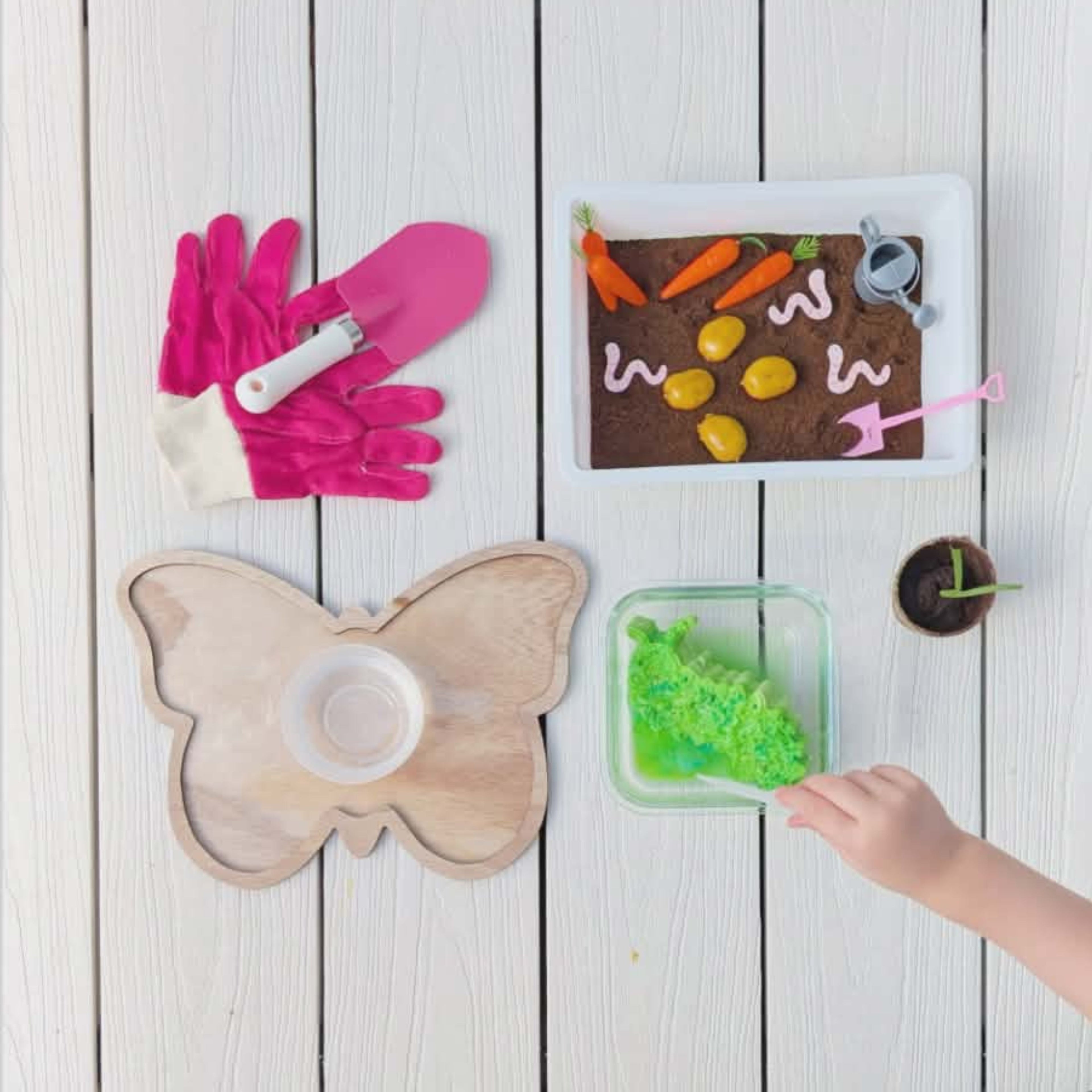 Children's sensory play activity box with three engaging activity laid out on the floor. The activities include a dry tray play tray with carrots, potatoes, worms and a watering can, a fizzy caterpillar with hidden treasures (butterflies) and a seedling pot to sprout magic beans. 